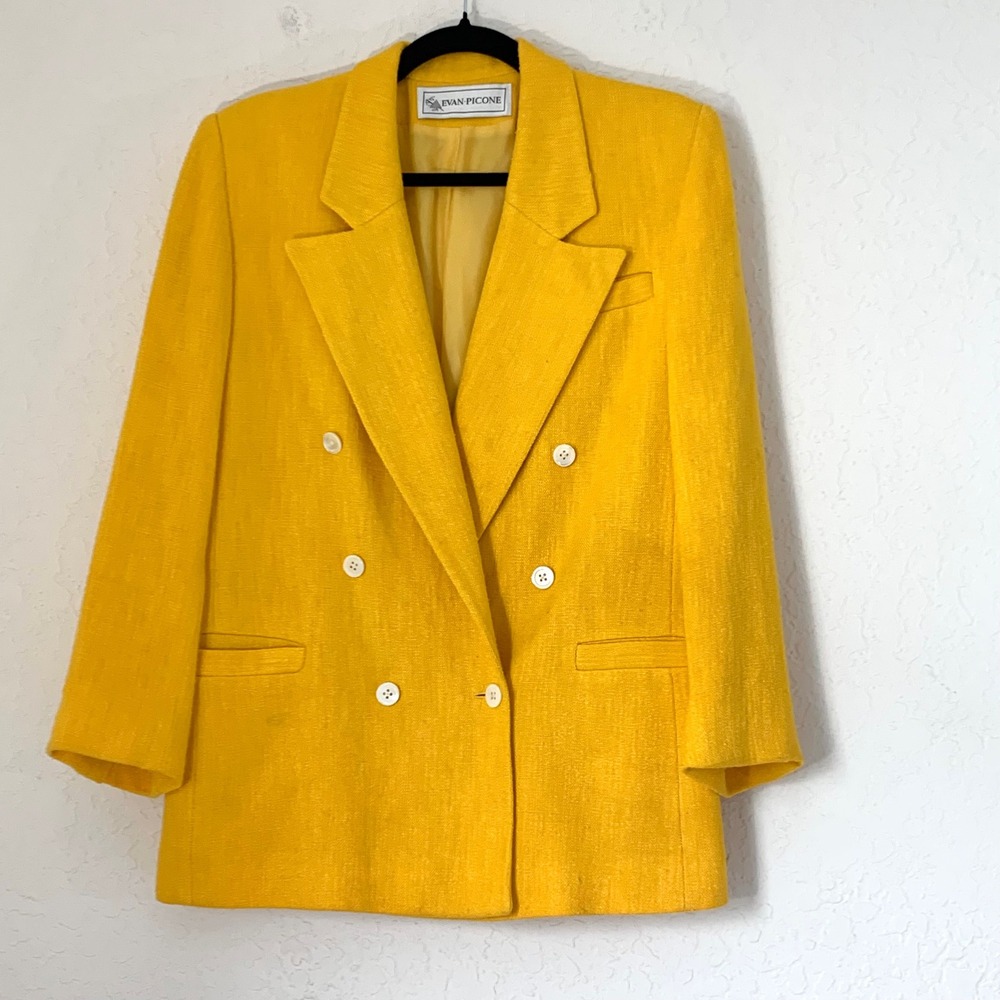 VTG Evan Picone Blazer Jacket Women 8 Yellow Double Breasted Textured Power USA
